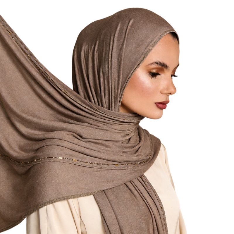 Khaki Mercerized Cotton Rhinestone Hijab Scarf for Women