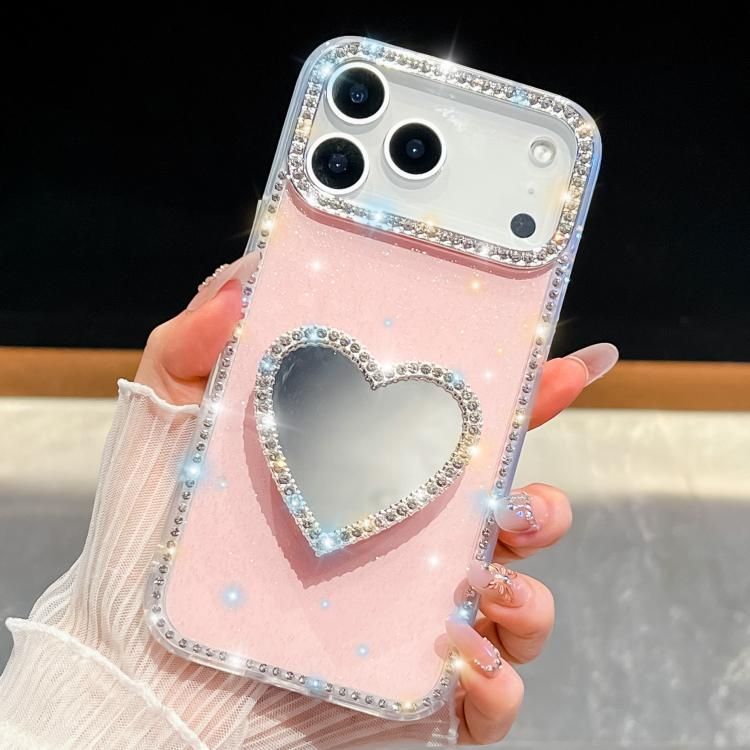 For iPhone 18 Pro Max / iPhone 17 Pro Max Diamond Glitter Mirror Heart Holder Phone Case