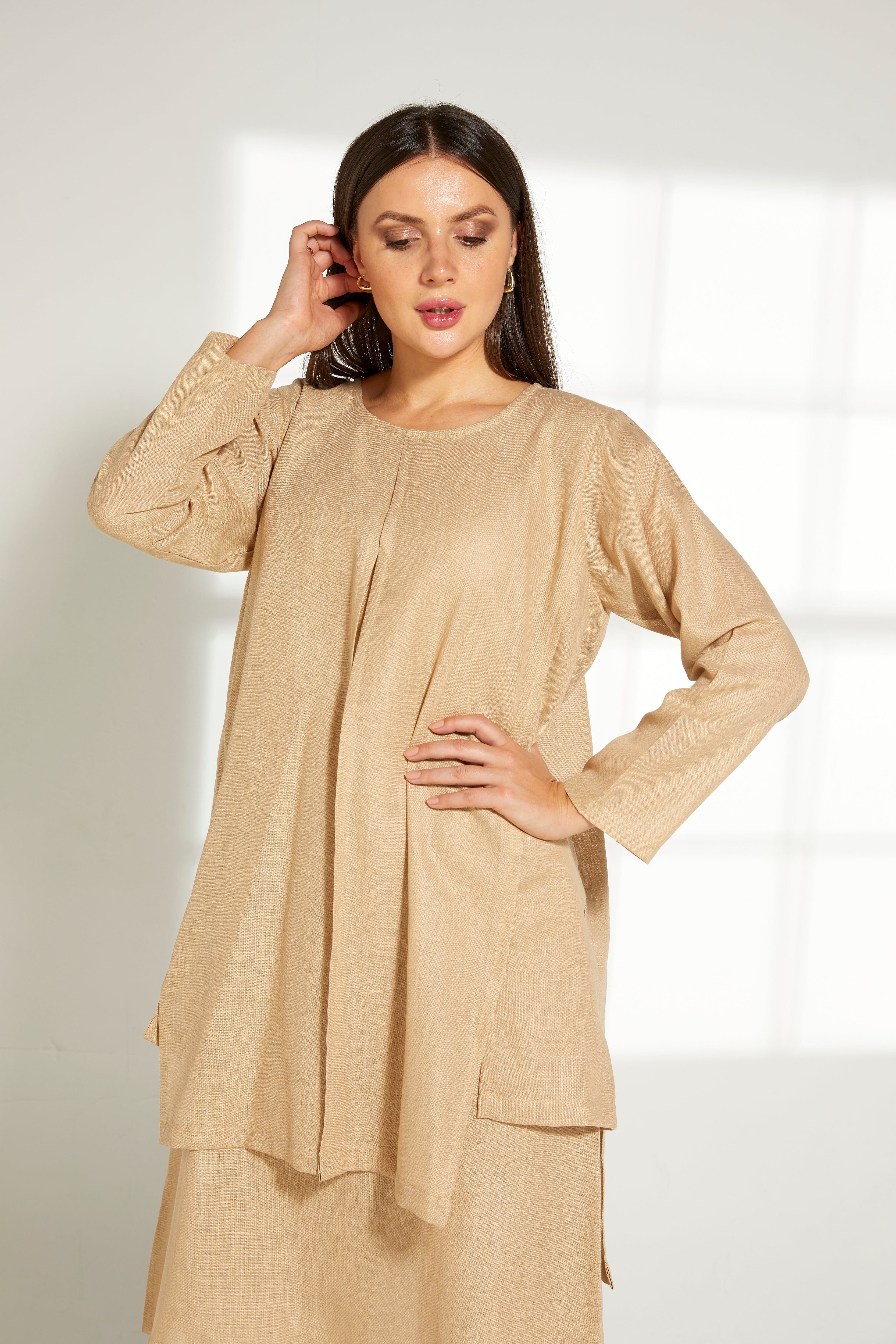 MOiSTREET Tan Linen Fabric Top and Pants Set