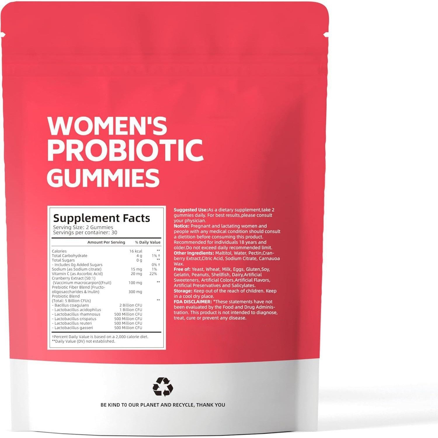 Women's Probiotic Gummies, Cranberry Flavor, 5 Billion CFUs Per Serving, 60 Gummies, Vegan, No Sugar, Non‑GMO Dietary Supplement