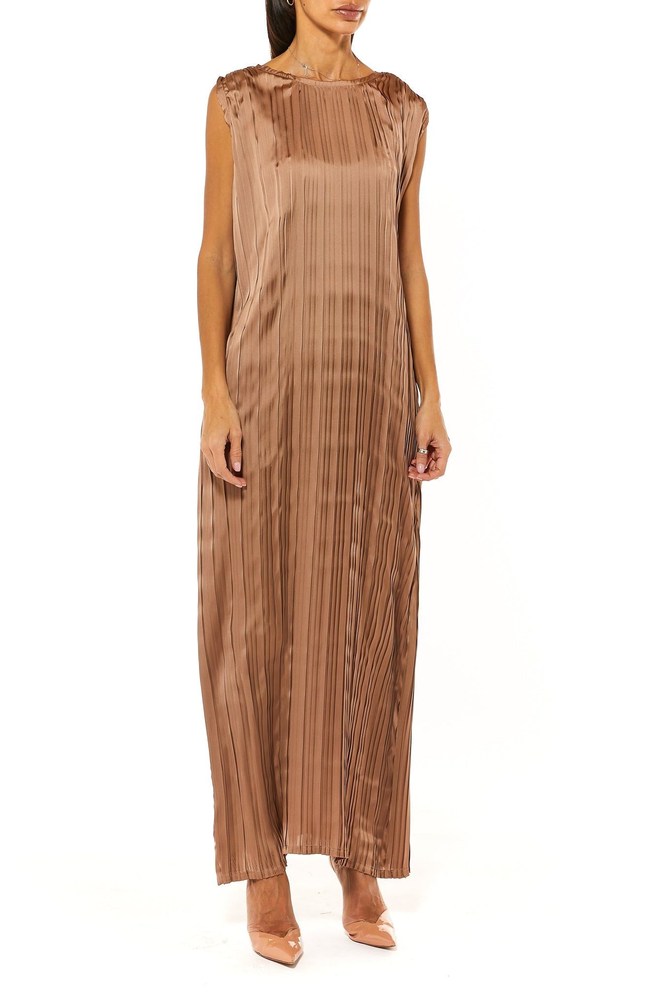 MOiSTREET Brown Pleated Silk Under Dress