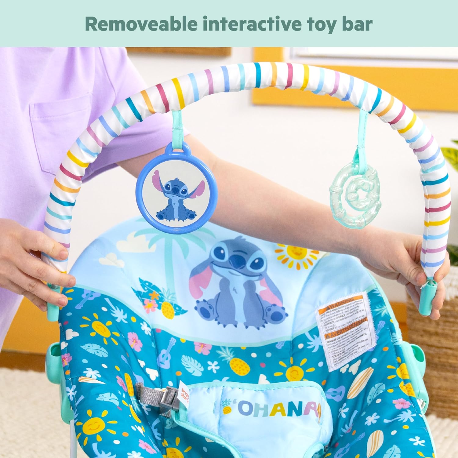 Bright Starts Disney Baby Lilo & Stitch Ohana Paradise Vibrating Bouncer Toy (55.30 x 48.01 x 51.51cm, Mint Green), 0 to 6 months
