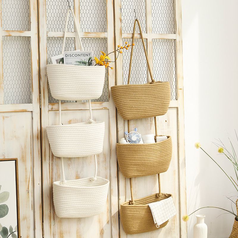 3 Tier Door Hanging Basket Woven Cotton Wall Storage Bag Decorative Hanging Storage Basket
