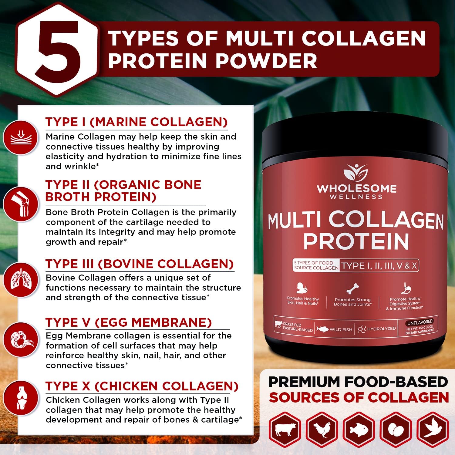 Wholesome Wellness Multi Collagen Peptides Protein Powder Unflavored 454g