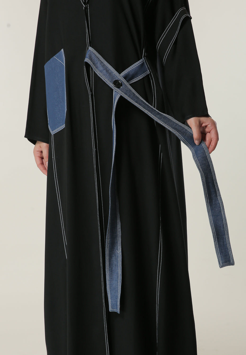 MOiSTREET Black Casual Abaya with Denim Pocket and Belt Detailing