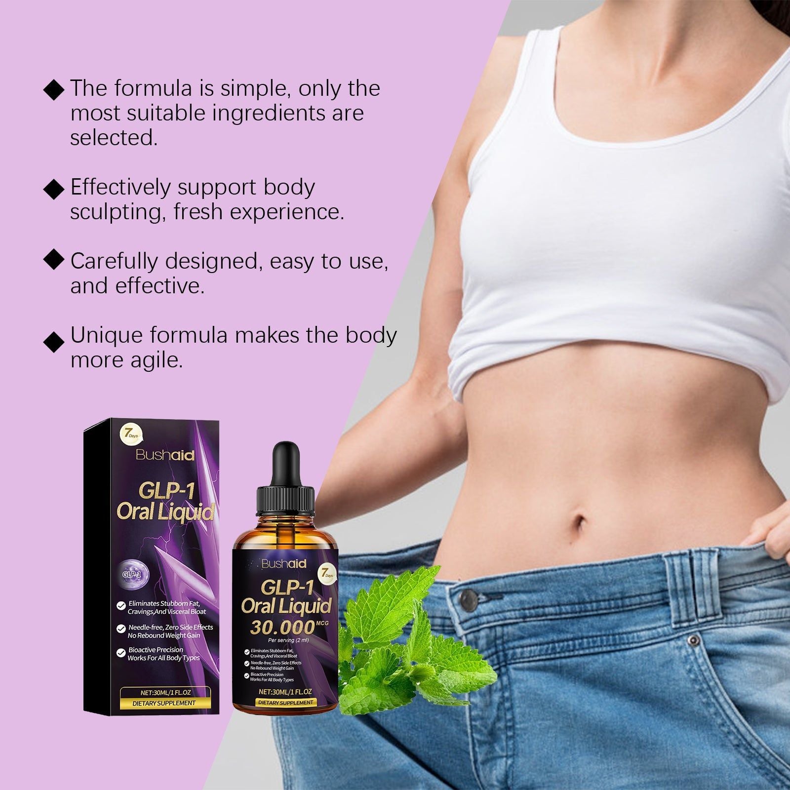 BushAid Intestinal Decompression Drops for Body Care, Slimming & Stress Relief, Natural Green Tea & Moringa Extract ,30ml