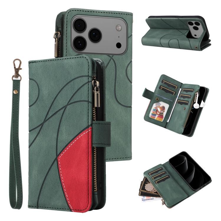 For iPhone 18 Pro Max / iPhone 17 Pro Max Dual-color 9 Card Slots Zipper Wallet Leather Phone Case