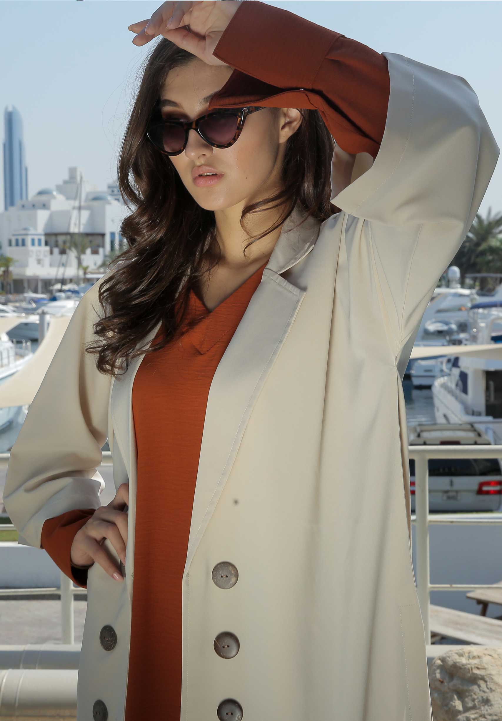 MOiSTREET Beige Overcoat with Rust Inner Dress