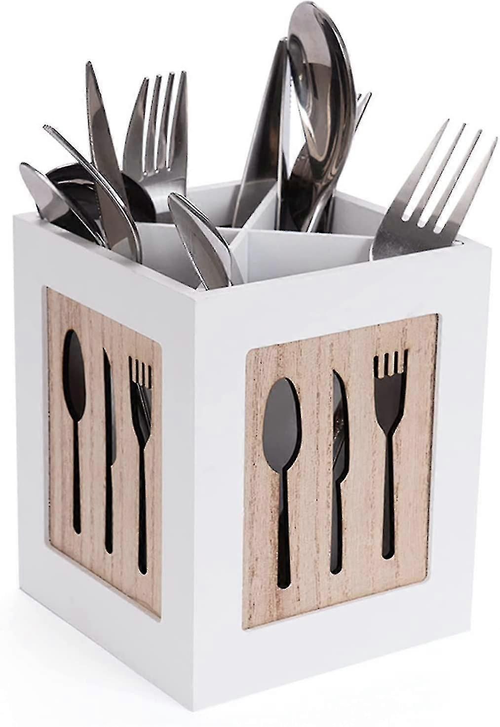 Decorative Wooden Cutlery Organizer Box - Tabletop Spoon/Fork/Knife Storage Basket with Carved Utensil Motif for Kitchen