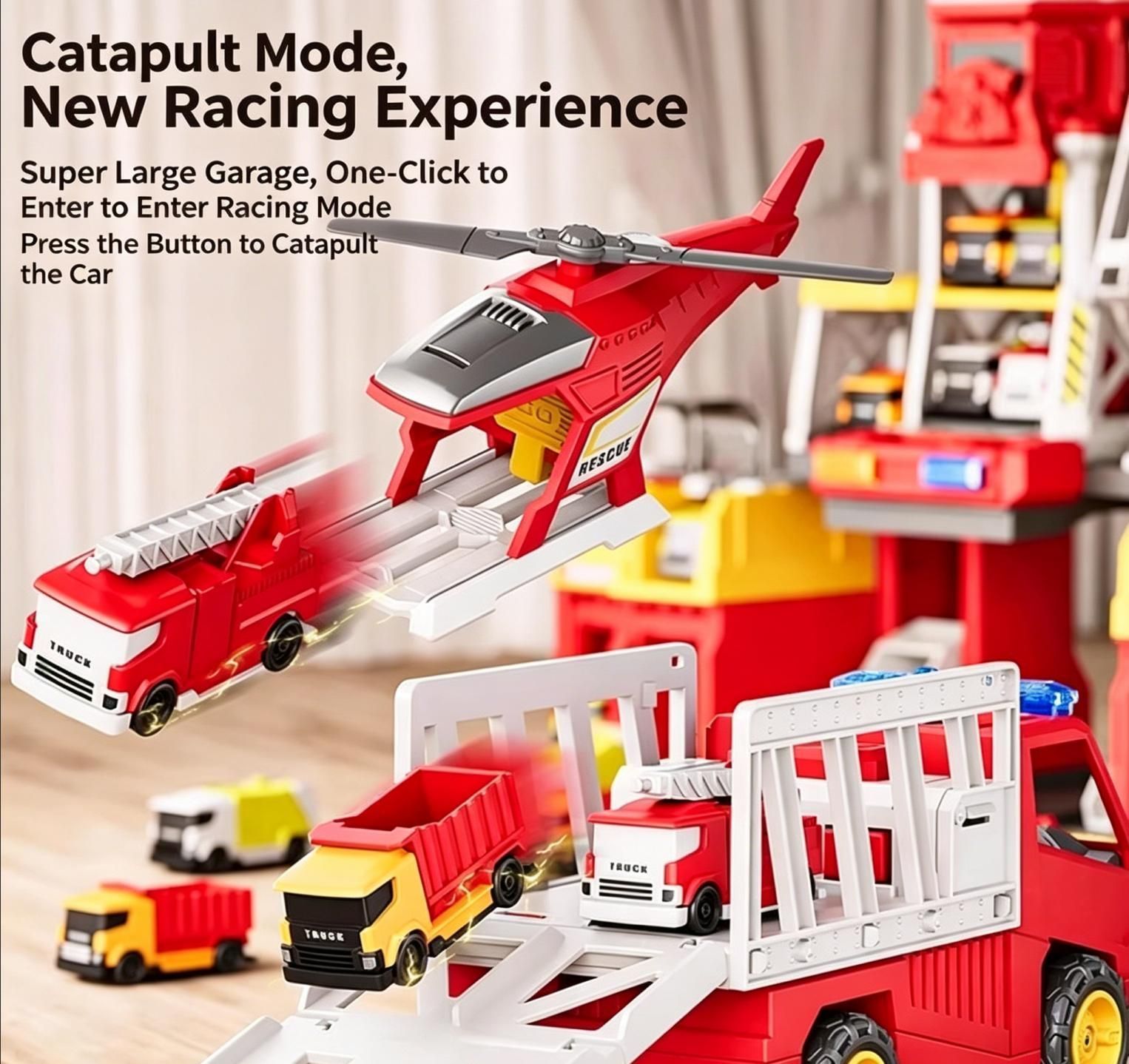 Multi-Function Fire Station Playset with Launch Mode, Rescue Vehicles & Helicopter - Interactive Toy for Kids Ages 3+