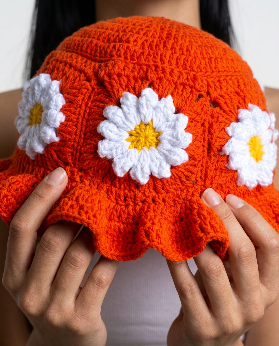 Hush and Stitch Orange Daisy Bucket Hat