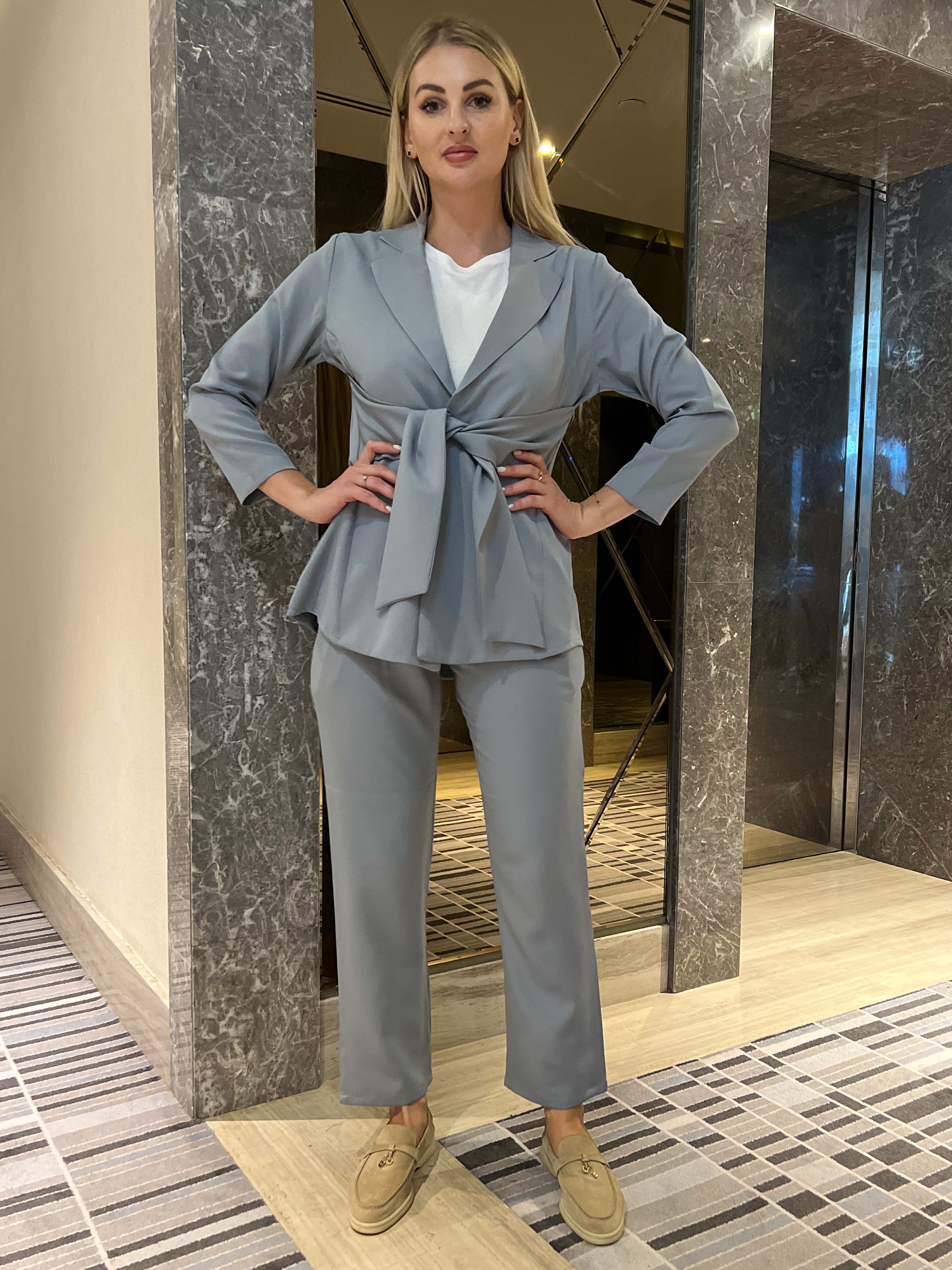 MOiSTREET Bluish Cyan  Barbie Crepe Fabric Blazer and Pants Set