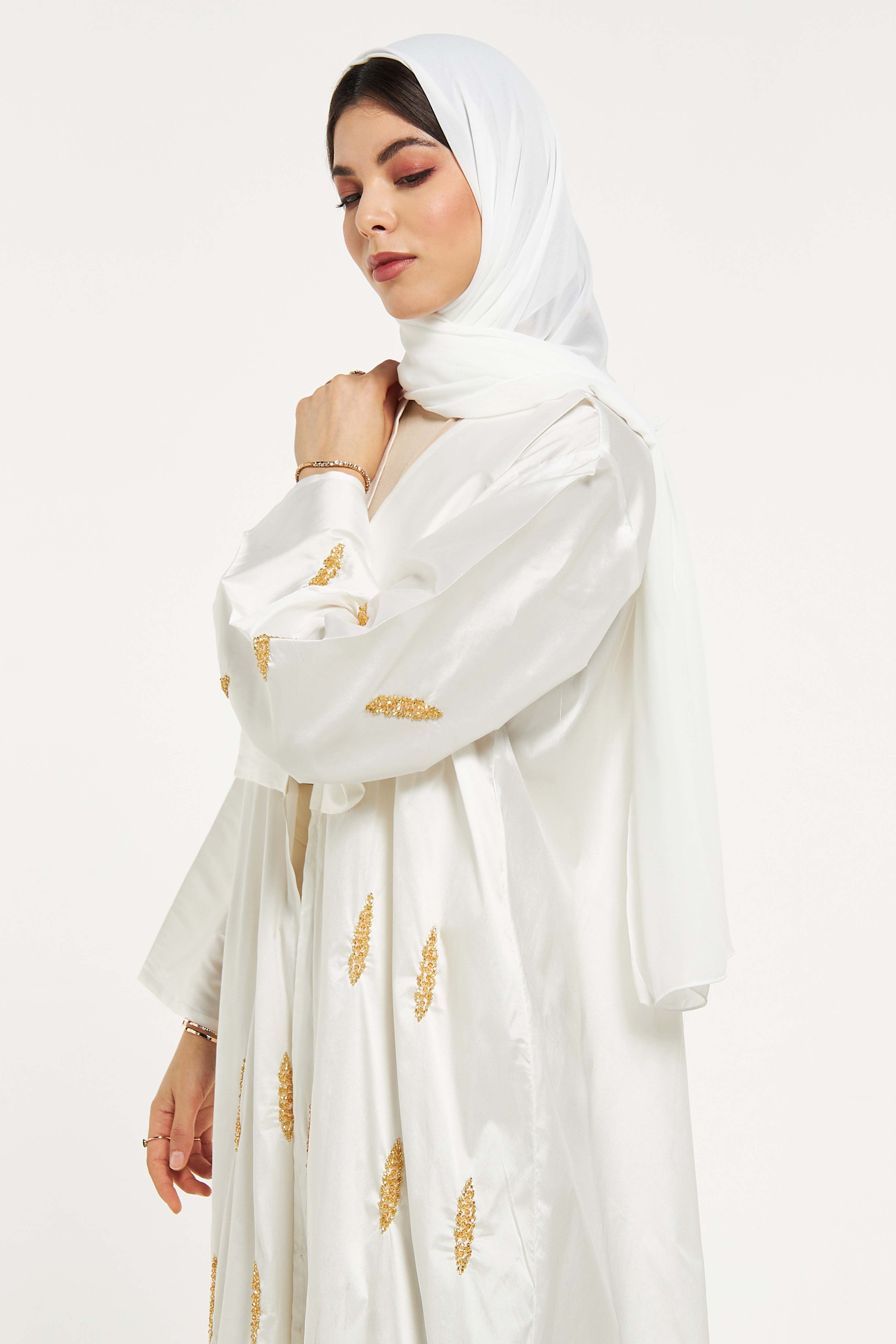 MOiSTREET Bead Embellished Abaya with Solid Panel Overlay and Sheila