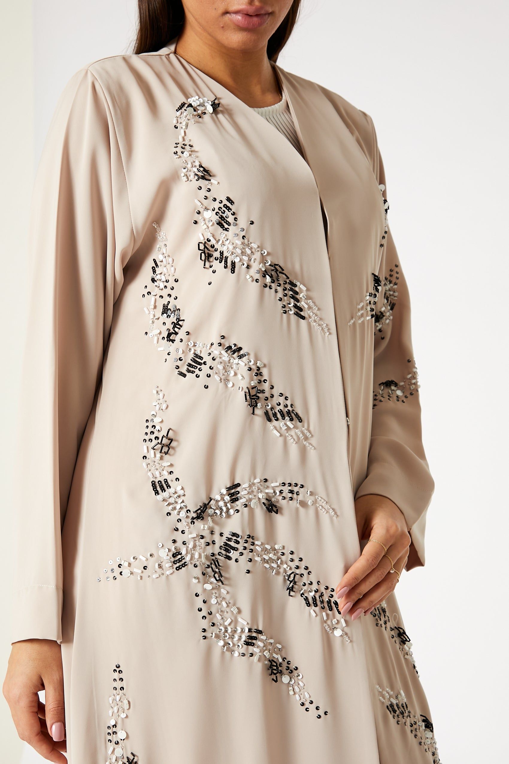 MOiSTREET Beige Nida Embroidered Abaya