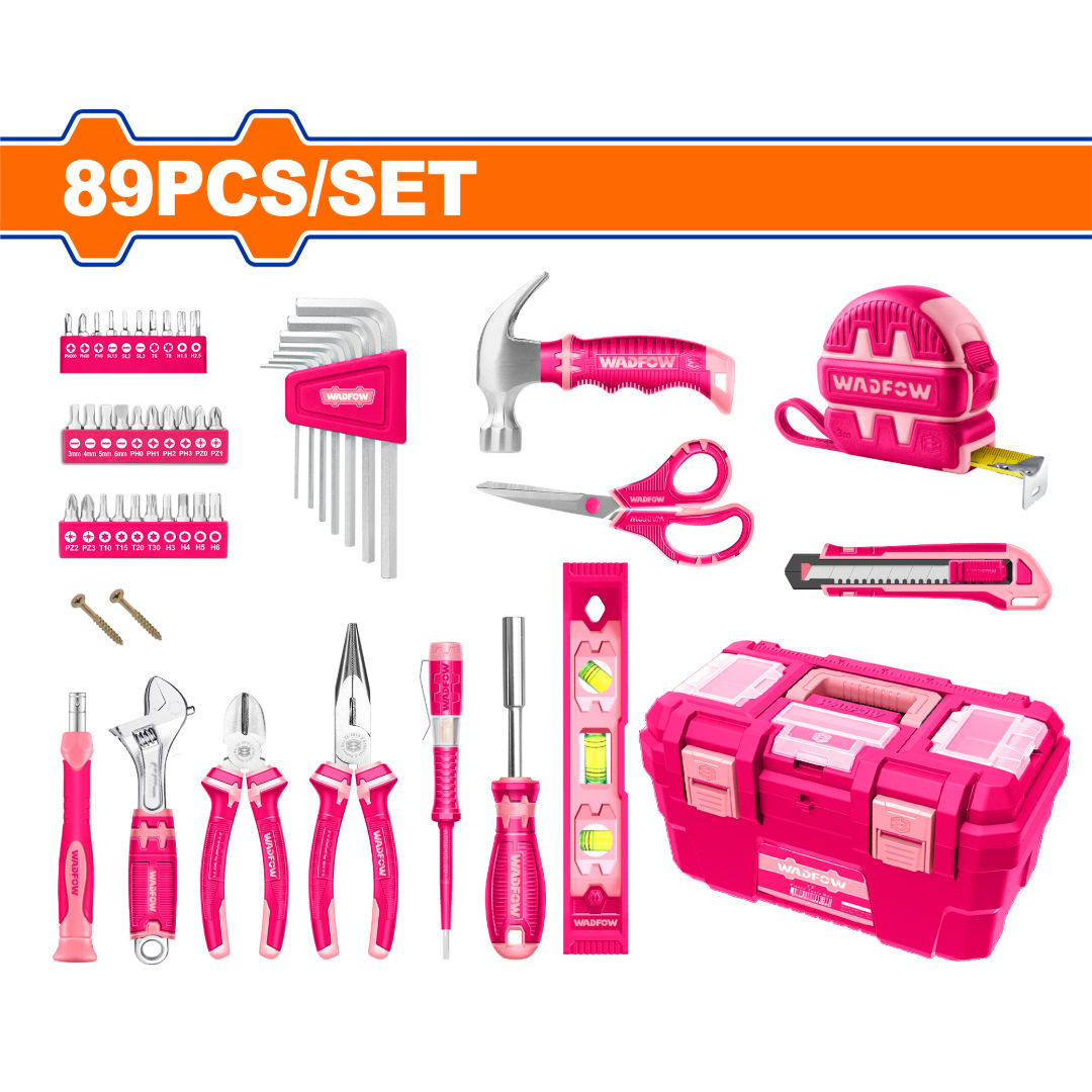 WADFOW 89-Piece Pink Hand Tools Set with 16″ Toolbox, Complete Home & DIY Tool Kit