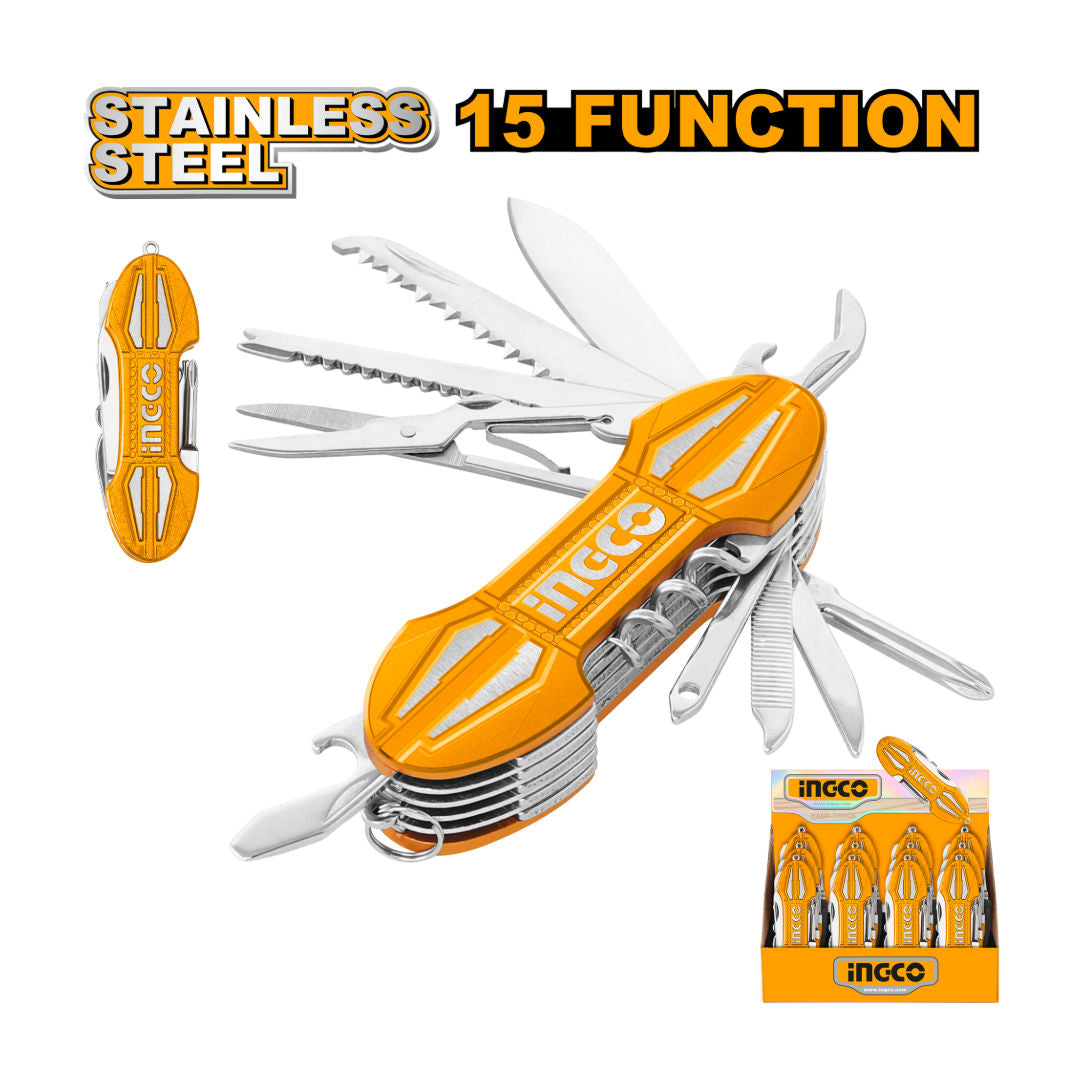 INGCO 15-Function Pocket Multi-Tool Knife, Aluminum Handle, 9.5 cm, with Display Color Box