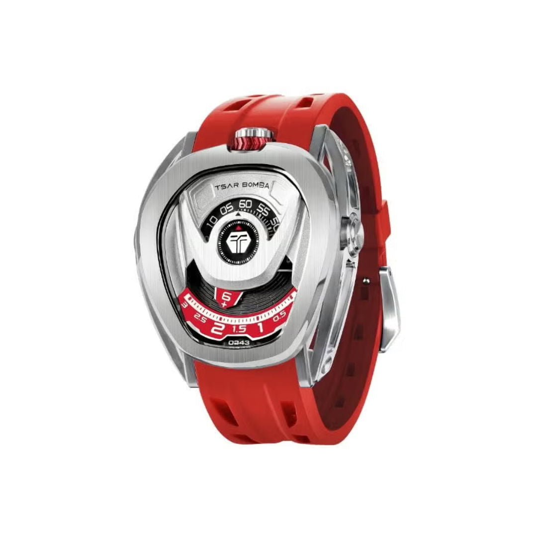 TSAR Bomba Men's FKM Rubber Interchangeable Automatic Silver Case Red Silicon Watch