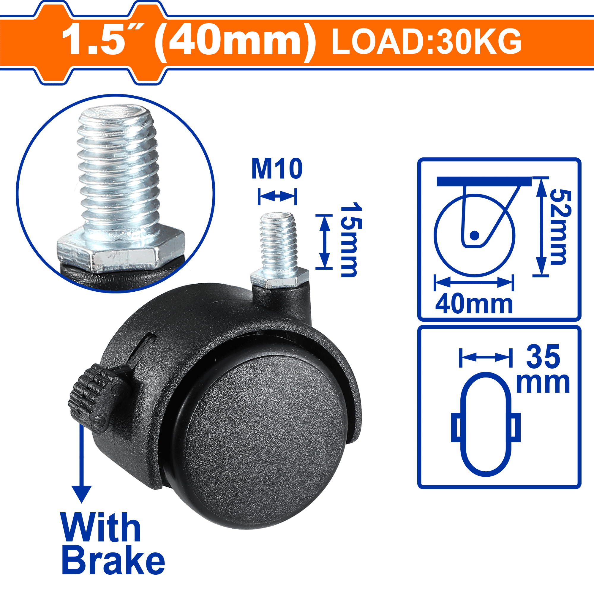 عجلات نايلون WADFOW، مادة PA شديدة التحمل، خيارات تركيب متعددة، مع/بدون فرامل