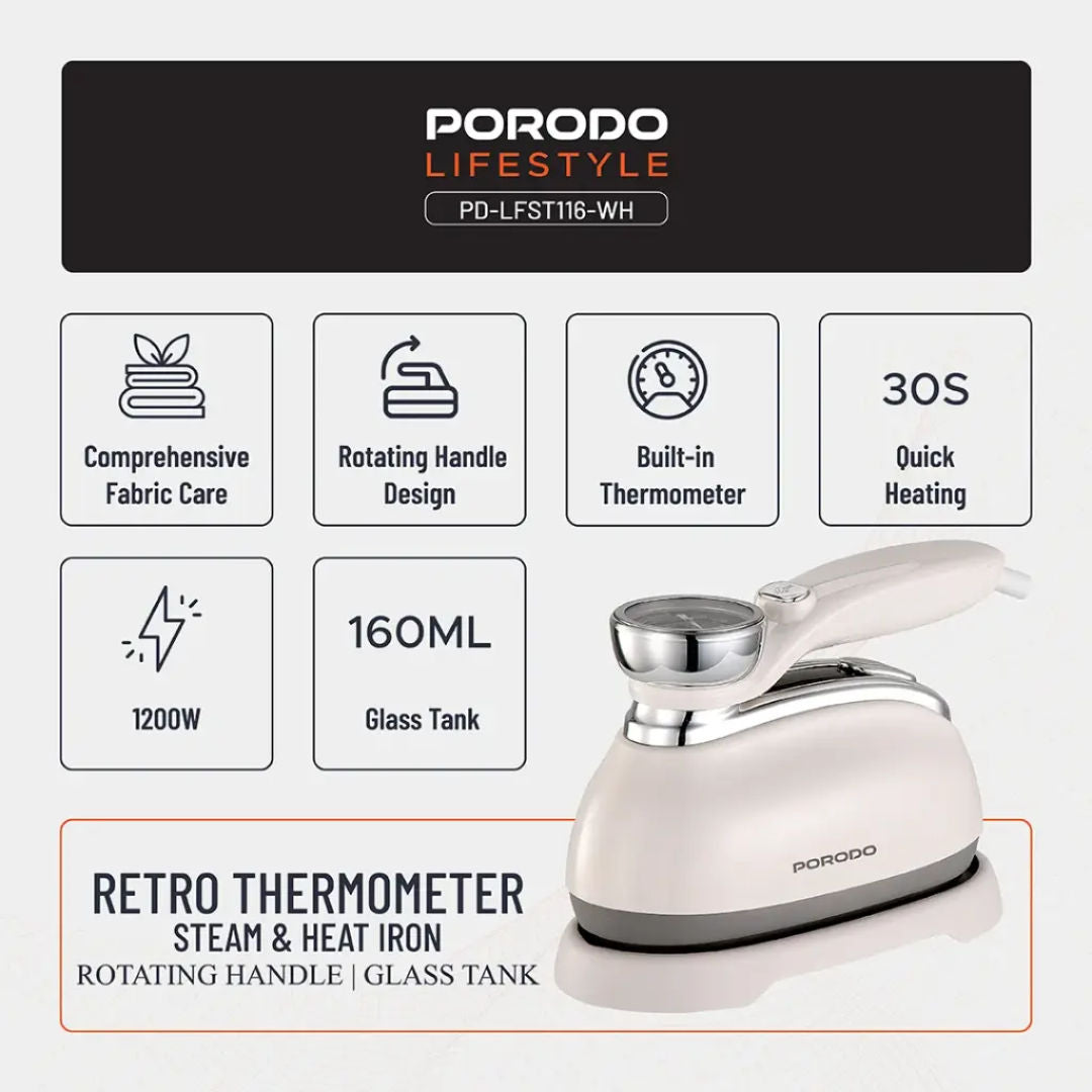 Porodo Lifestyle Retro Thermometer Steam & Heat Iron, White
