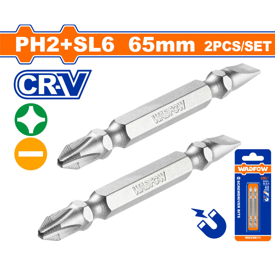 WADFOW Screwdriver Bits Set, PH2 + SL6.0, 65 mm, Cr-V, Hardened & Tempered Sandblasted