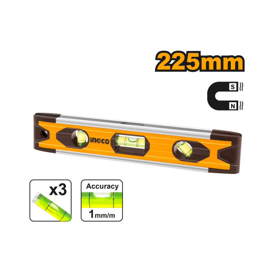 INGCO Mini Spirit Level, 225mm, Magnetic, 3 Vials, Aluminium +ABS, Color Sleeve