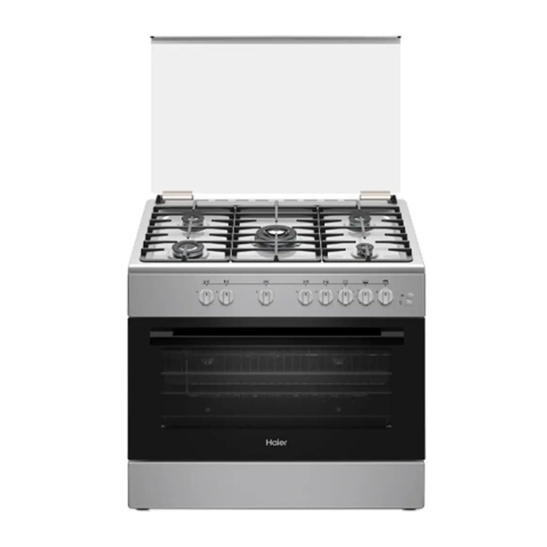 Haier Freestanding Gas Cooker 5 Burners, 110L Oven, Closed Door Grilling, Rotisserie, Inox Silver