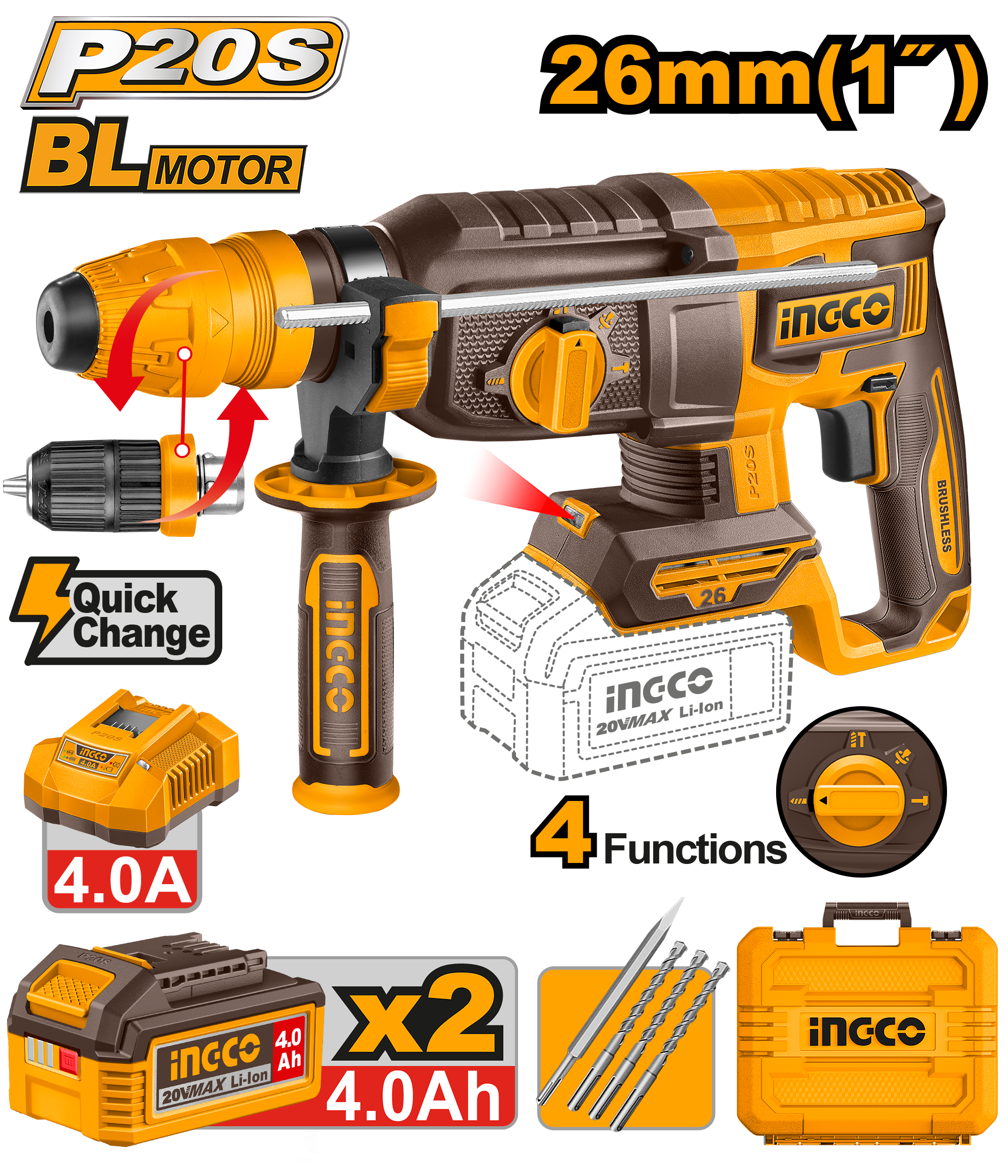 INGCO Cordless Rotary Hammer Drill 26mm SDS Plus 20V Brushless