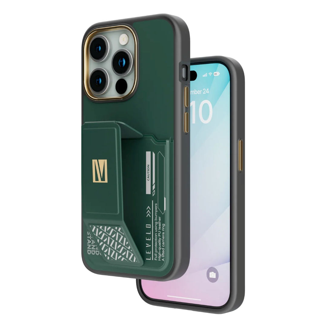 Levelo Morphix Gripstand Case With Cardholder For iPhone 15 Pro, Green