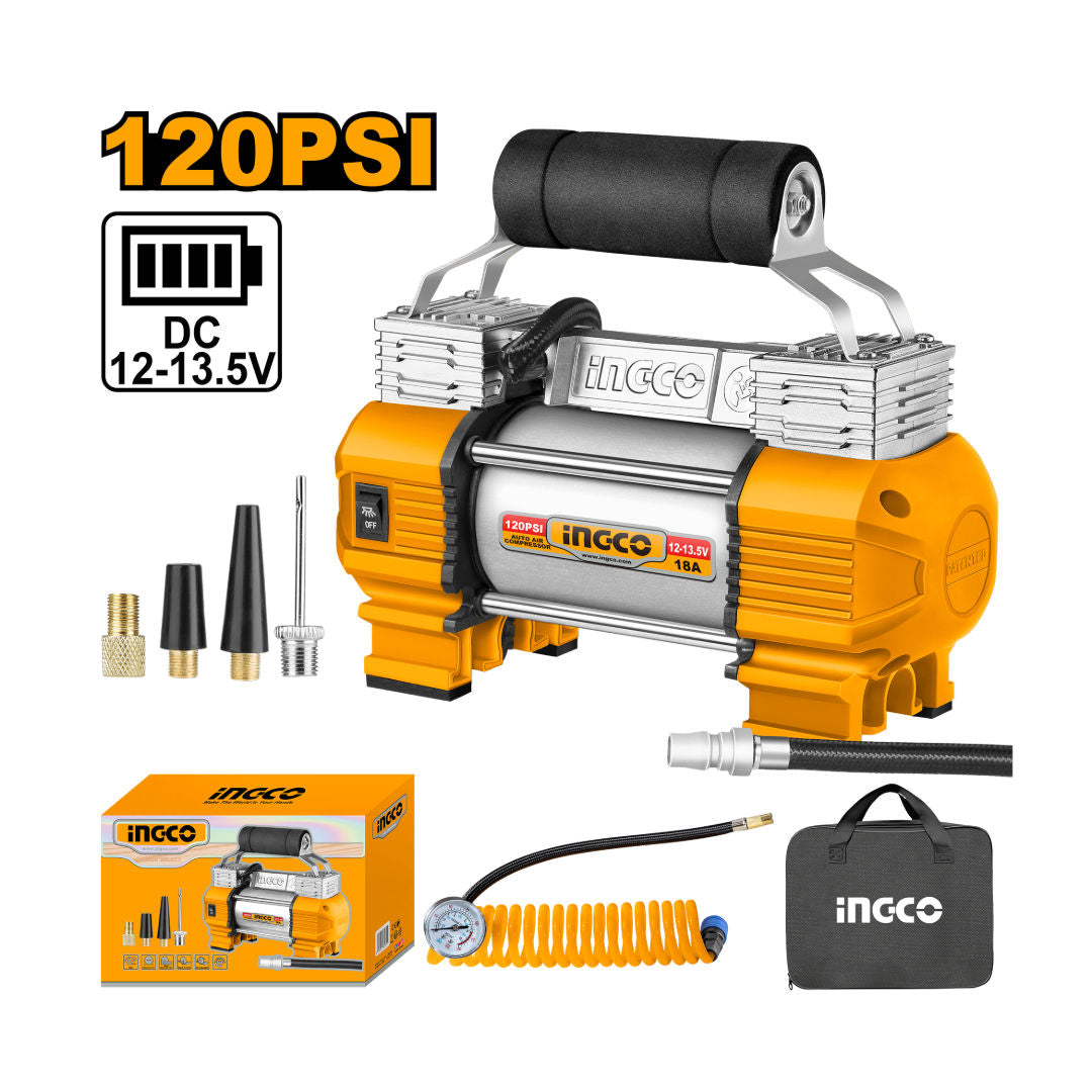 INGCO 12V Auto Air Compressor, 120 PSI with Work Light, Hose & Adaptors in Canvas Bag