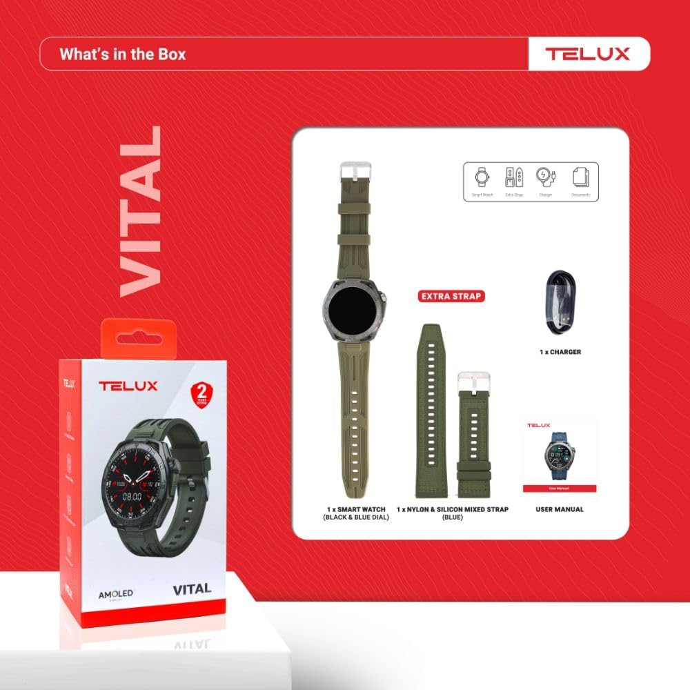 Telux Vital Smartwatch, 1.43″ AMOLED Display, 410mAh Battery, IP68 Waterproof, Green