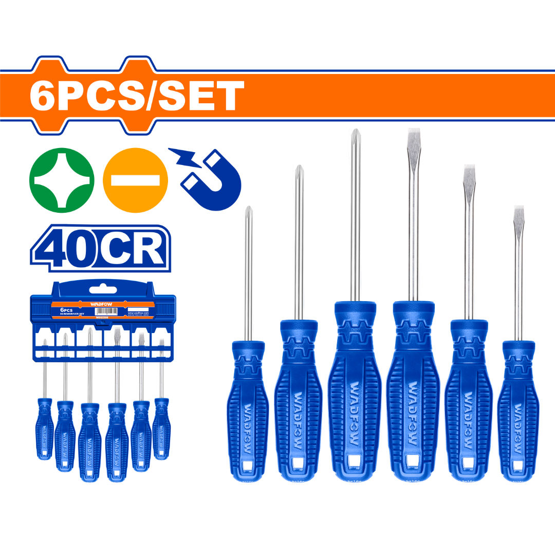 WADFOW 6-Piece Screwdriver Set, SL & PH Tips, 40Cr Steel Round Shank, Plastic Hanger