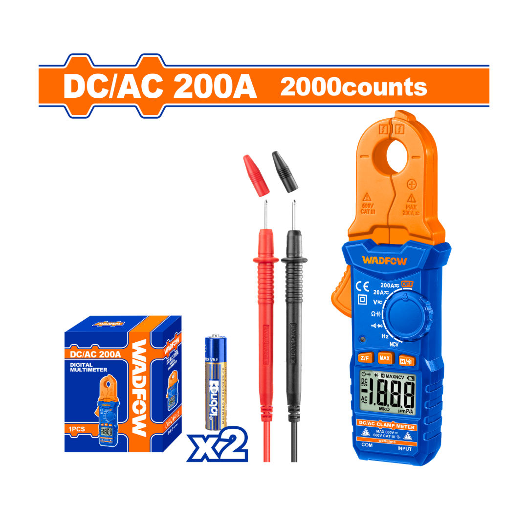 WADFOW Digital DC/AC Clamp Meter, 2000 Counts, 200 A, NCV, Capacitance, Backlight