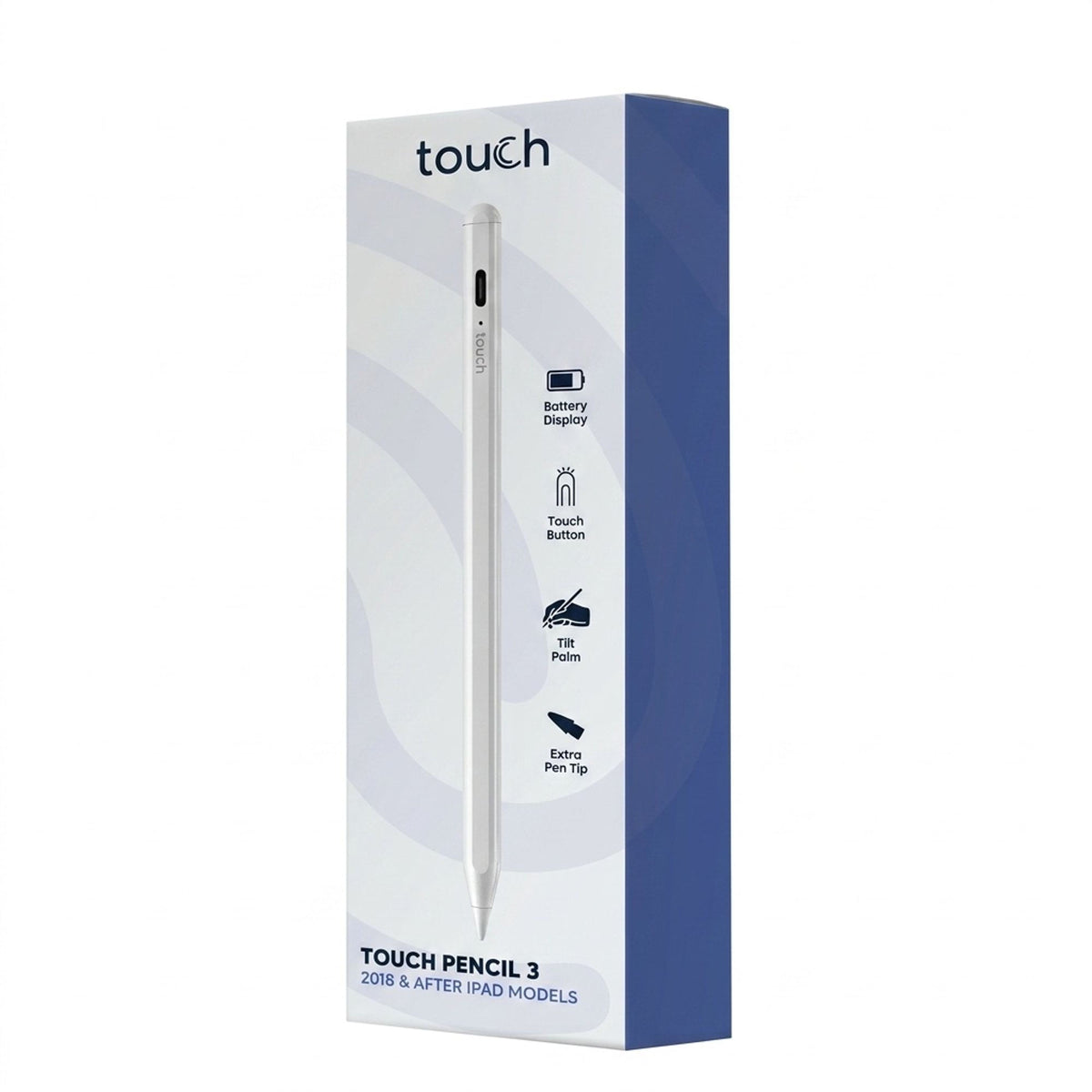 Touch Pencil 3, 3rd Generation Stylus for iPad, Palm Rejection, Tilt Sensitivity, Magnetic Attachment, White