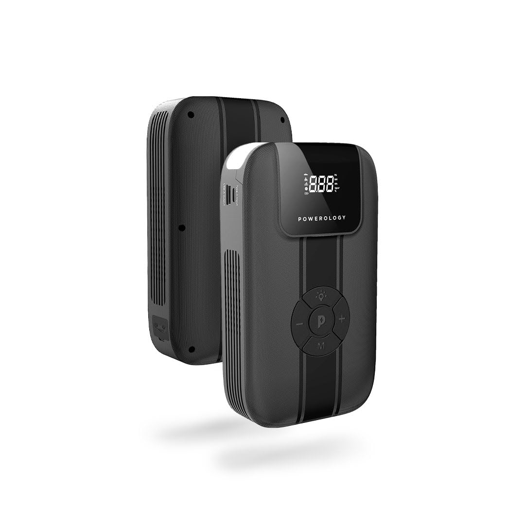 Powerology 11200mAh Jump Starter with Air Compressor, Power Bank & LED Light, 1200A Peak, USB-C Fast Charging