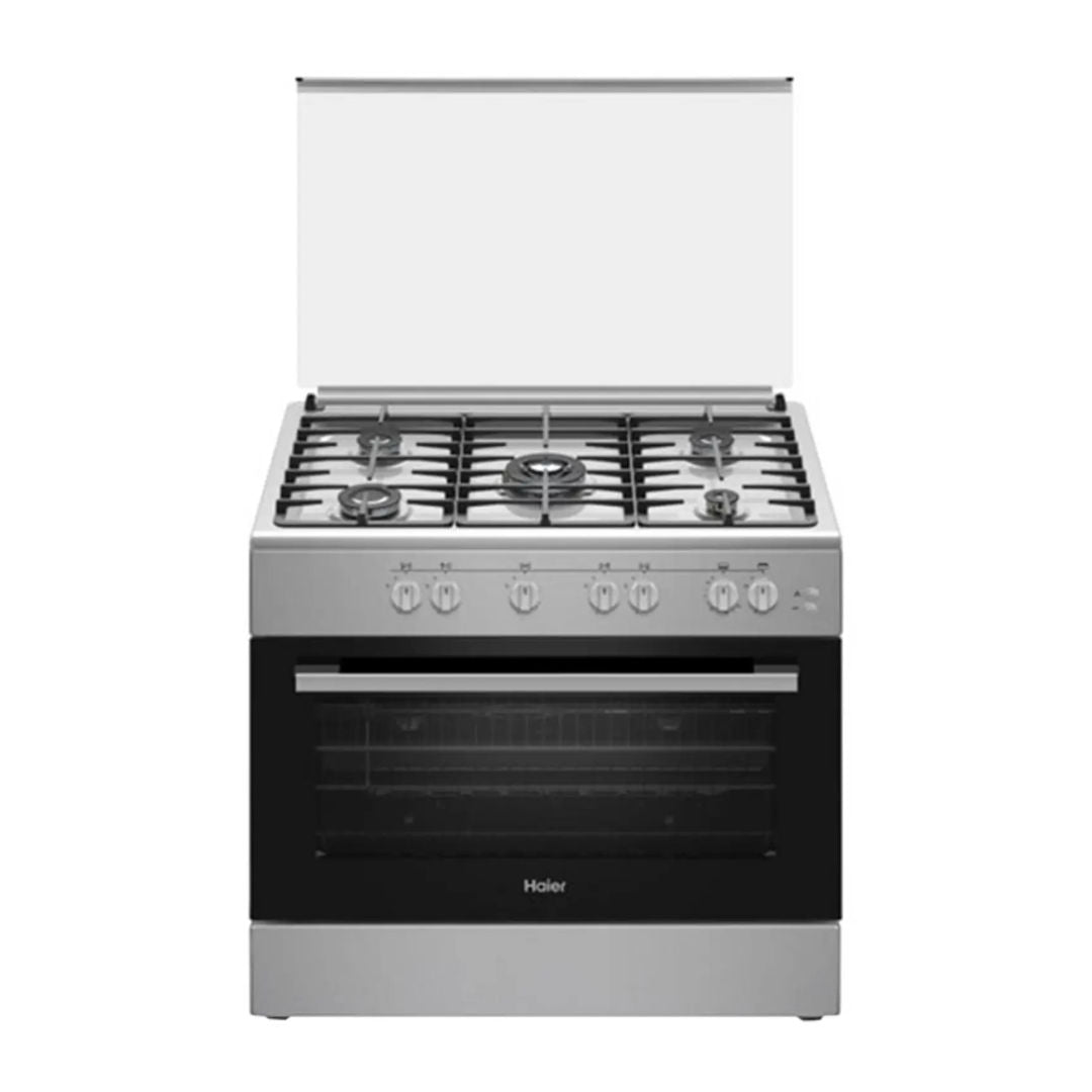 Haier Freestanding Gas Cooker with 5 Sabaf Burners, Closed Door Grilling, 110L Oven, Cast Iron Pan Support, 90x60cm, Inox Silver