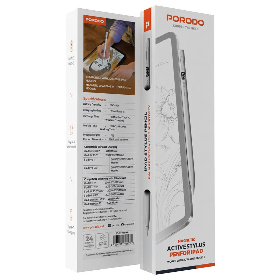 Porodo Magnetic Active Stylus Pen for iPad, White