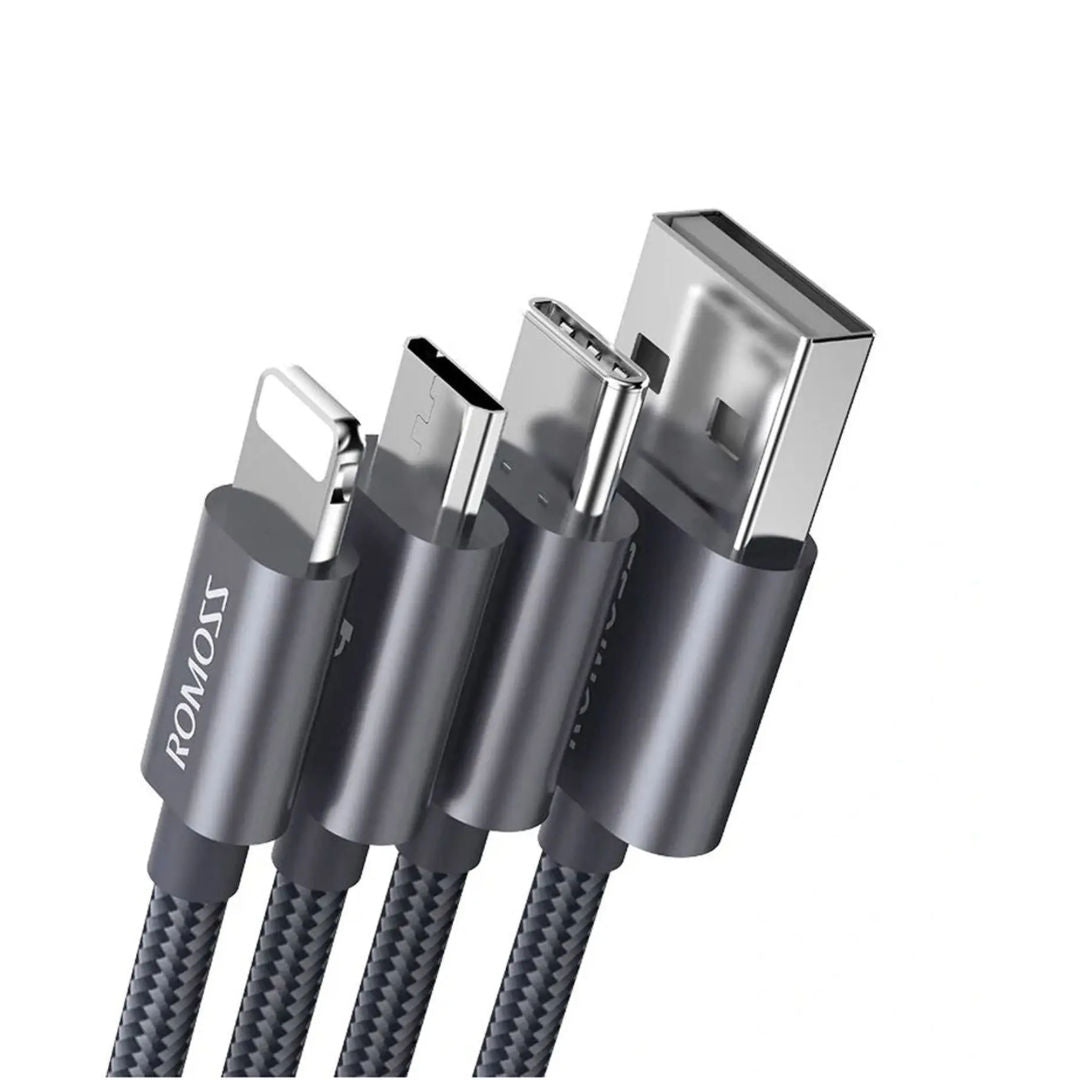 Romoss 3-in-1 USB Lightning + Micro USB + USB Type C Cable, Gray, CB25A