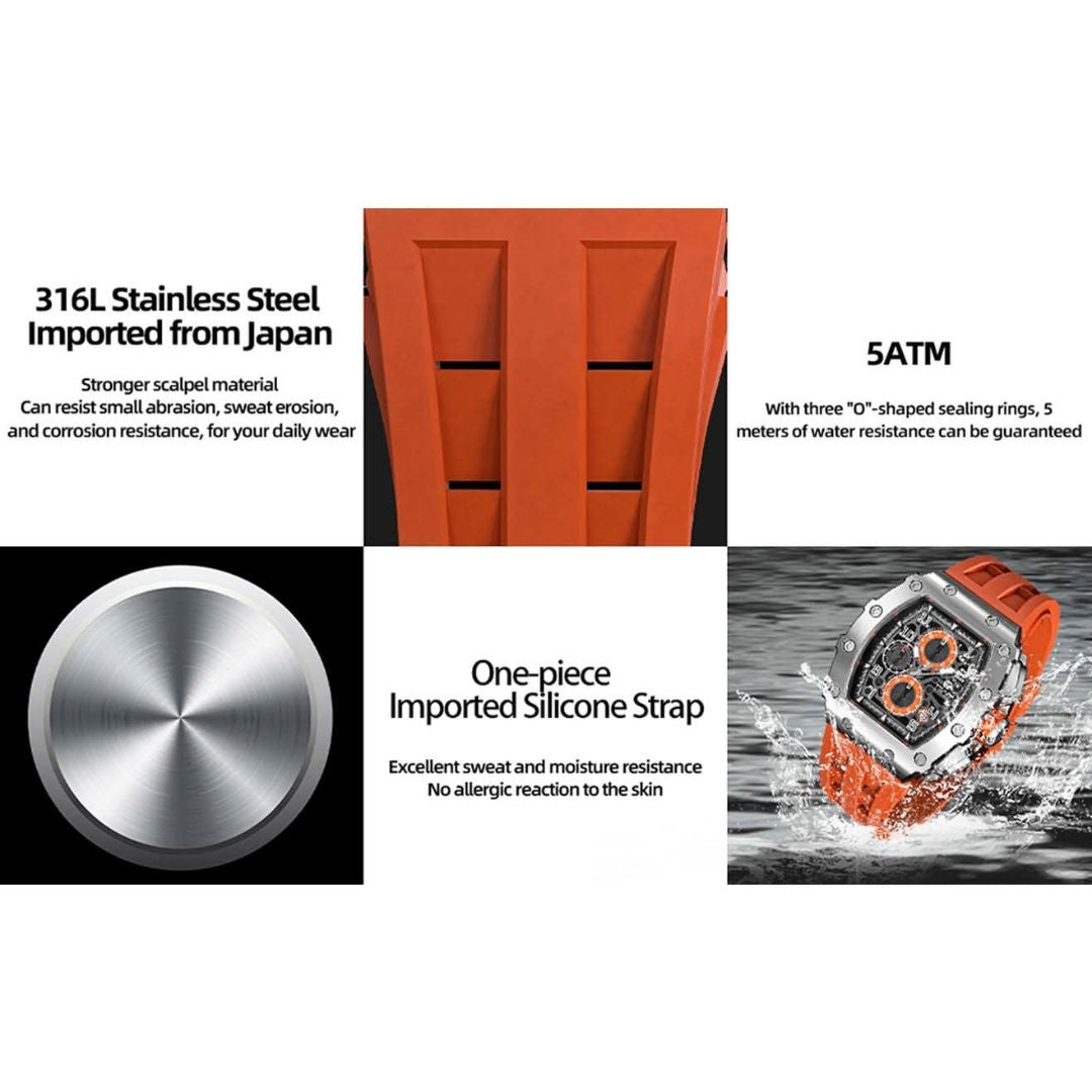 TSAR Bomba Men's Quartz Silver Case Orange Silicon Band Watch