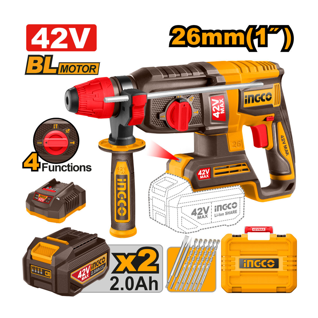 INGCO 42V Brushless Cordless Rotary Hammer Kit, 2.5J, SDS-Plus