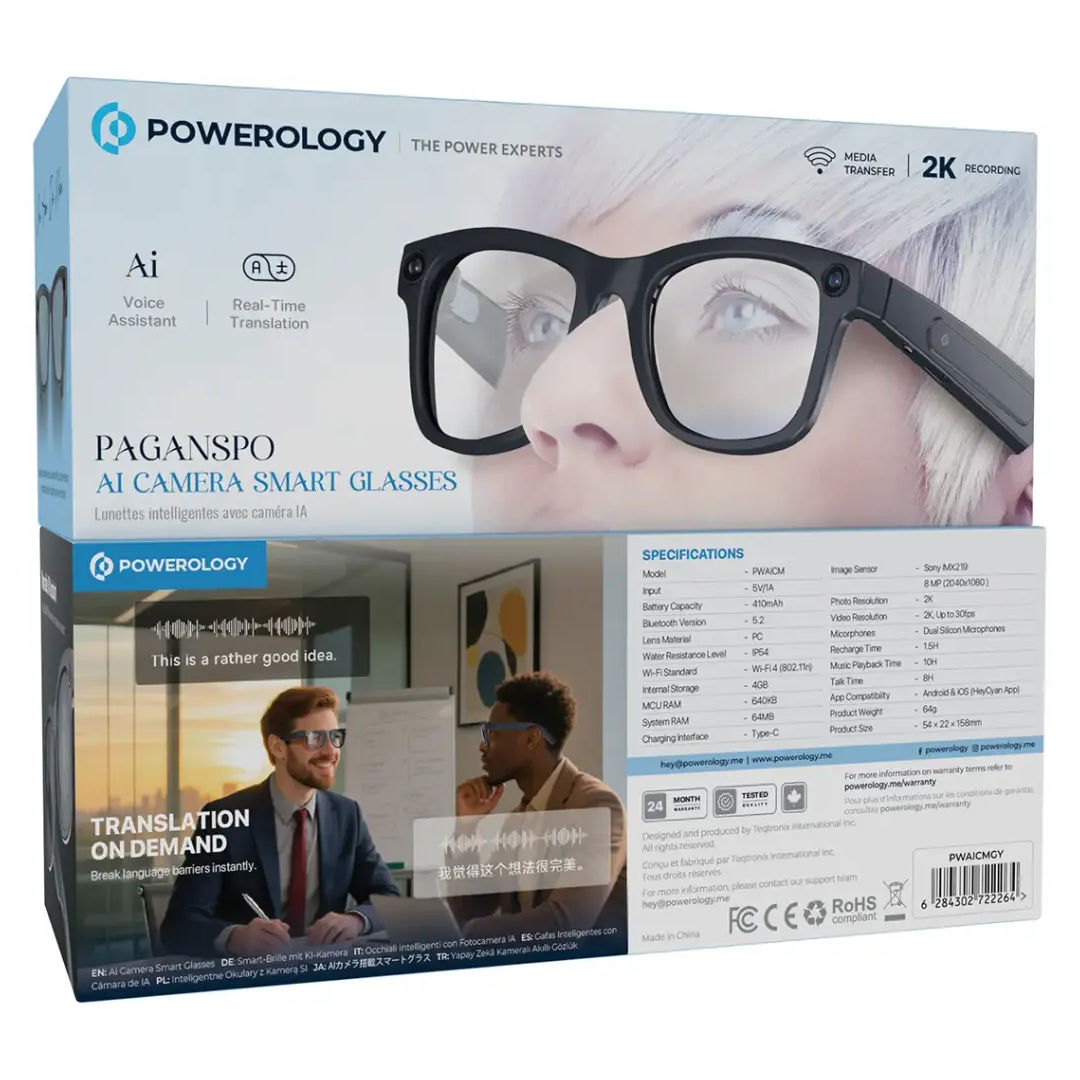 Powerology Paganspo AI Camera Smart Glasses, 2K Recording, Gray