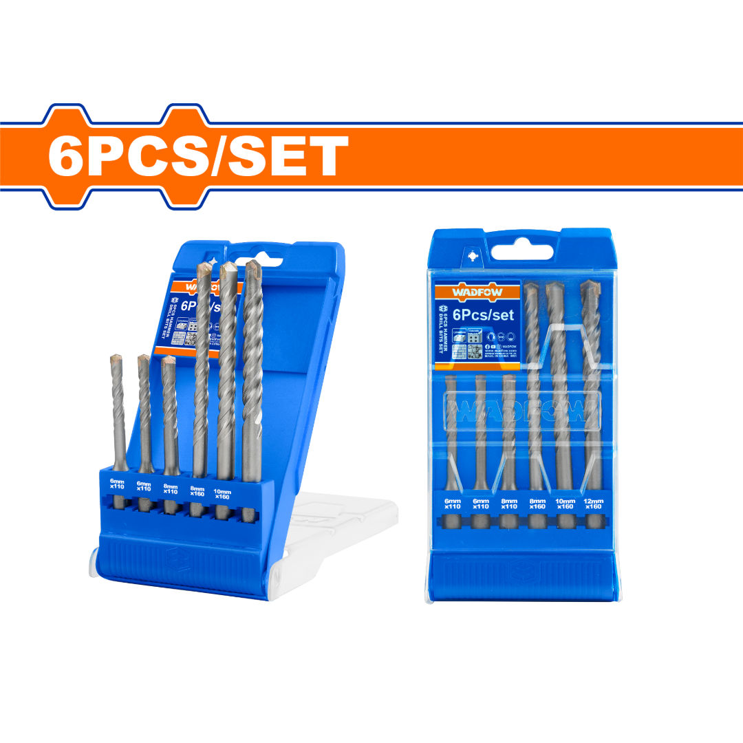 WADFOW 6 Piece SDS-Plus Hammer Drill Bit Set, 6 to 12 mm Sizes, Concrete & Masonry Drilling, Plastic Box