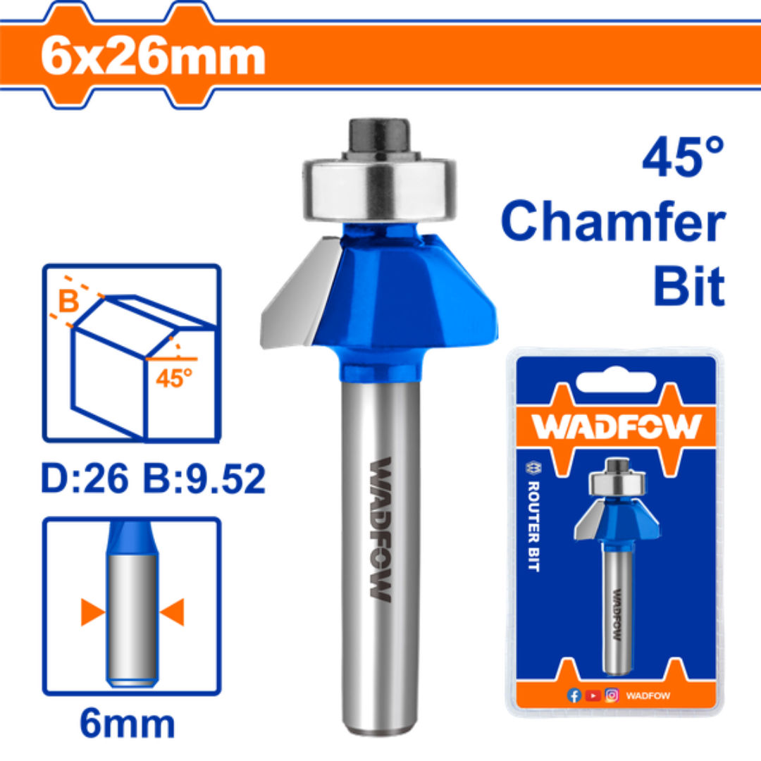 WADFOW Router Bit 45° Chamfer, 6mm Shank