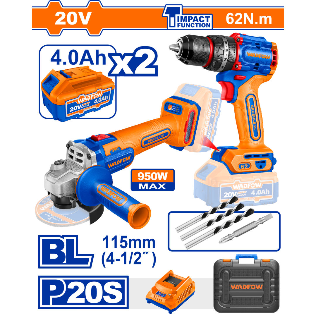 مجموعة أدوات كهربائية بدون فرشات من WADFOW 20V مكونة من قطعتين، مثقاب صدمي (62 نيوتن متر) + مطحنة زاوية 115 مم