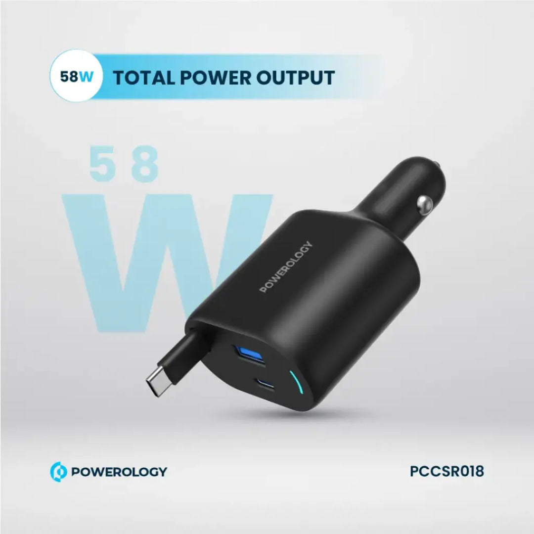 Powerology Type-C Retractable Car Charger 70W, Black