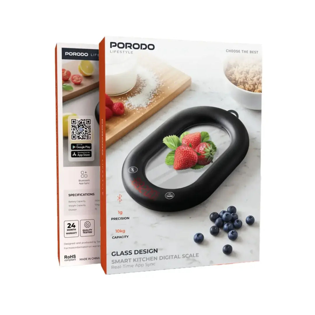 Porodo Lifestyle Glass Design Smart Kitchen Digital Scale with Real-Time App Sync - Black