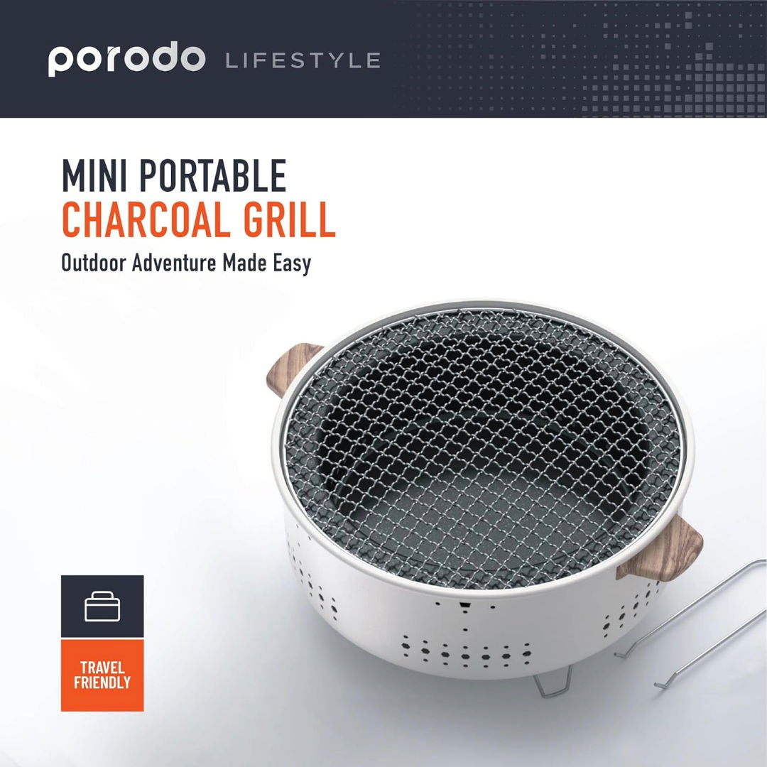 Porodo Lifestyle Camping Mini Outdoor Round BBQ/Charcoal Grill, Light Brown