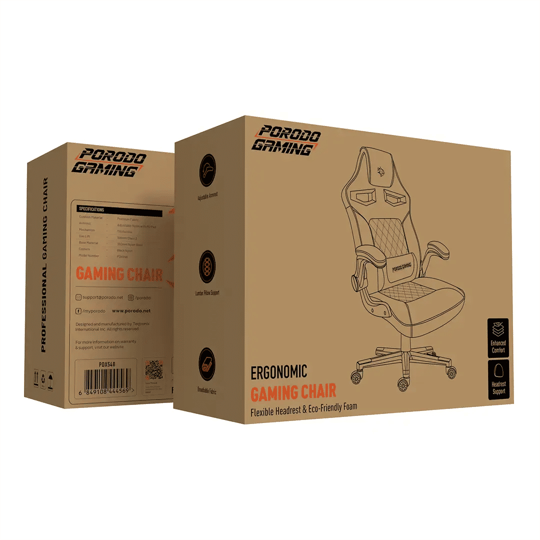 Porodo Ergonomic Gaming Chair with Flexible Headrest, Black/Orange