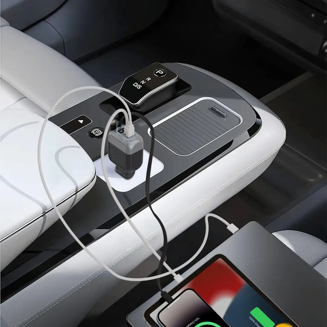 Porodo Spider Multi-Port USB Car Charger with USB-C to USB-C & Lightning Cable, Black