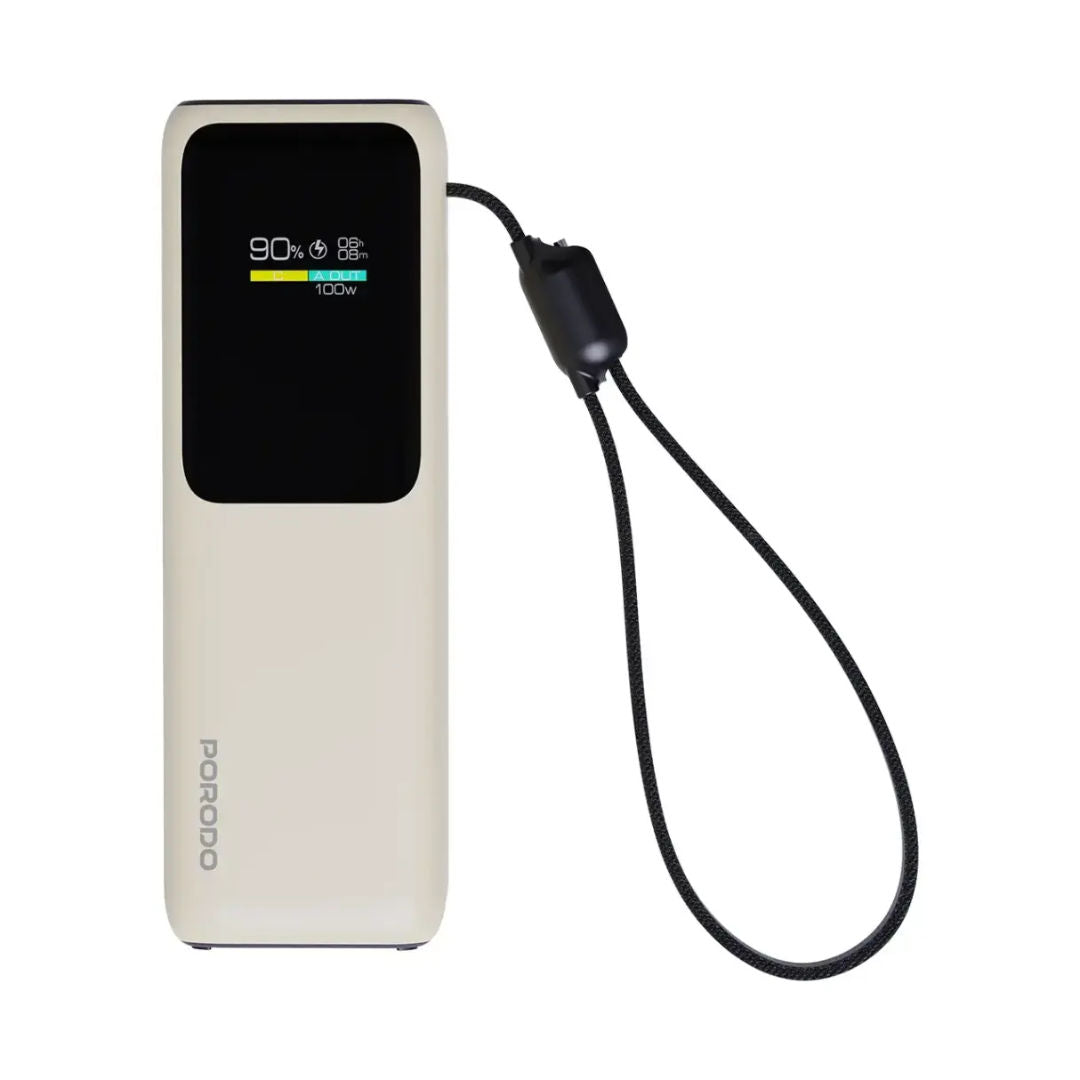 Porodo Smart Display Power Bank 20000mAh with Built-In Type-C Cable, PD Fast Charging, Beige