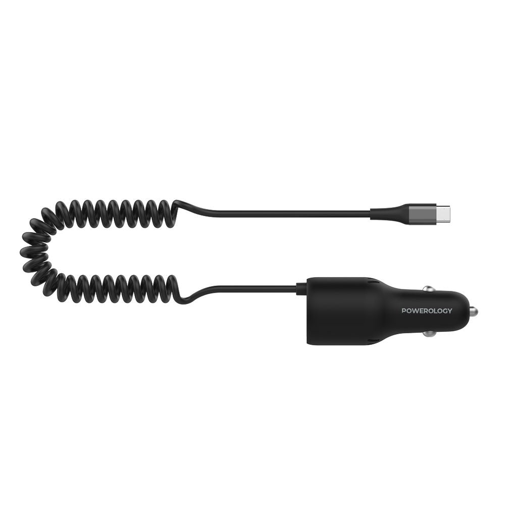 Powerology Triple Ports Car Charger, PD100W+QC18W+Type CCable 20W LED Dual Ports Car Charger With Coiled Cable, Black